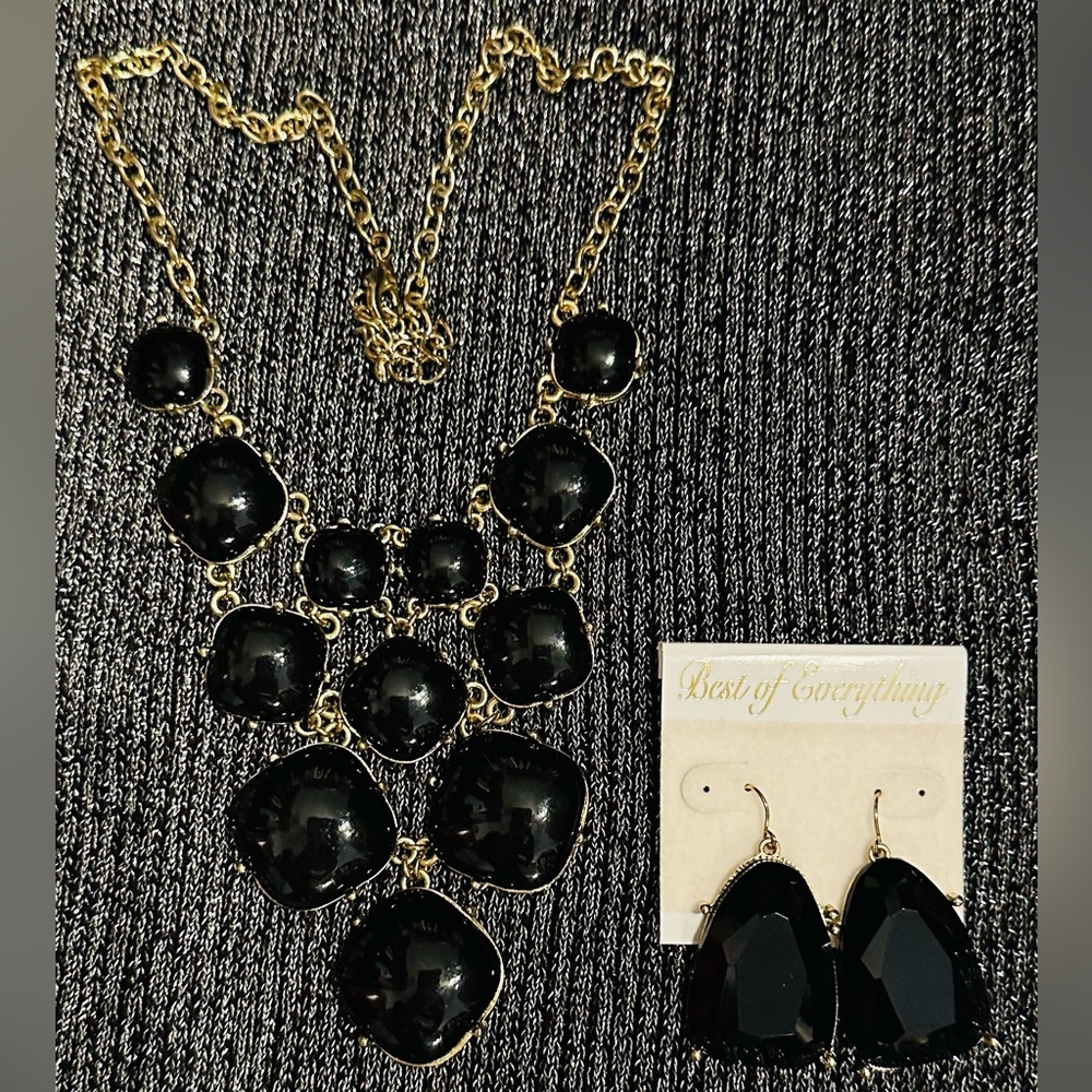Black and Gold Cabochon Style Bib Statement Necklace and Earring Set